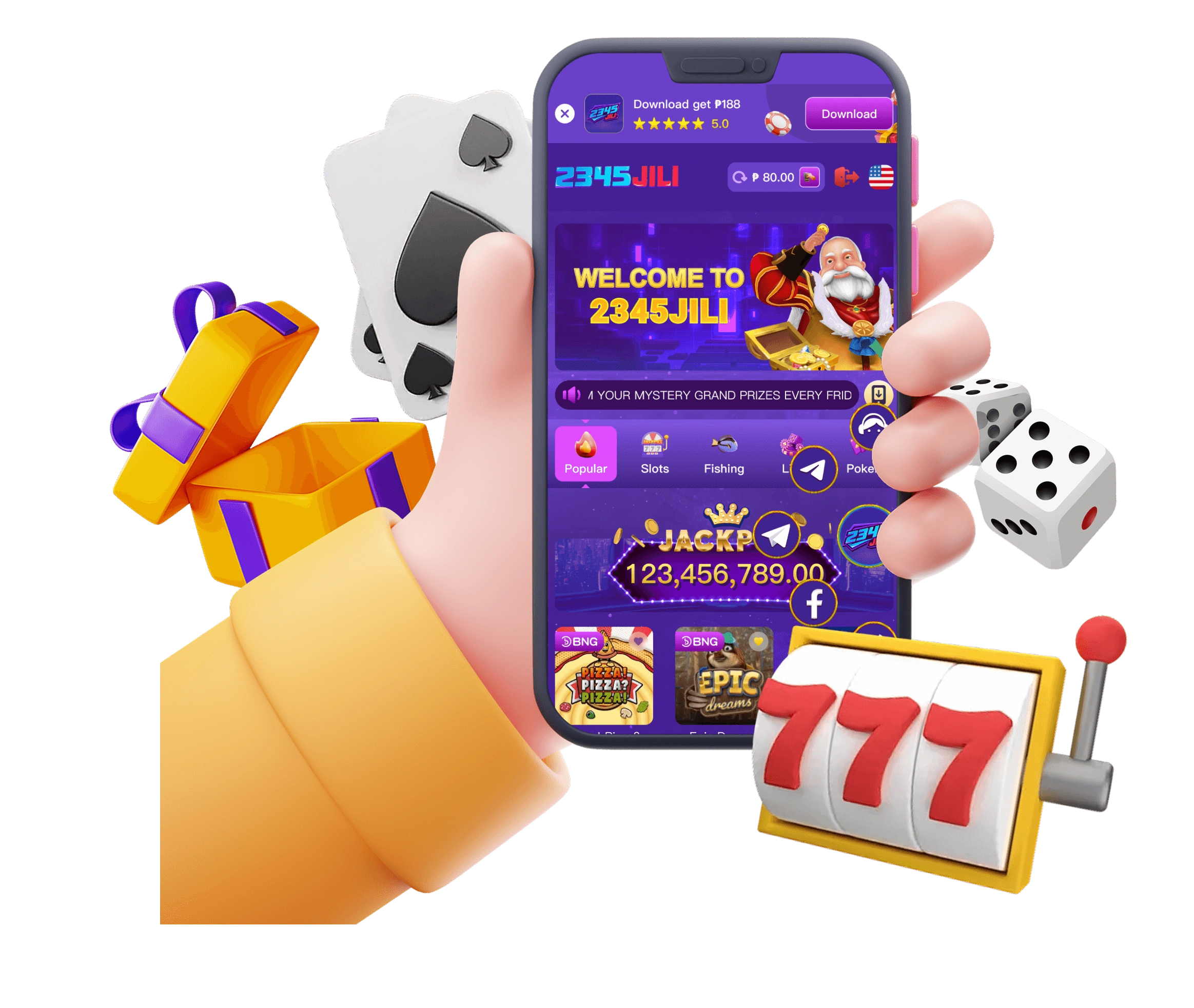 Download now button for the 2345JILI App with bright promotional background